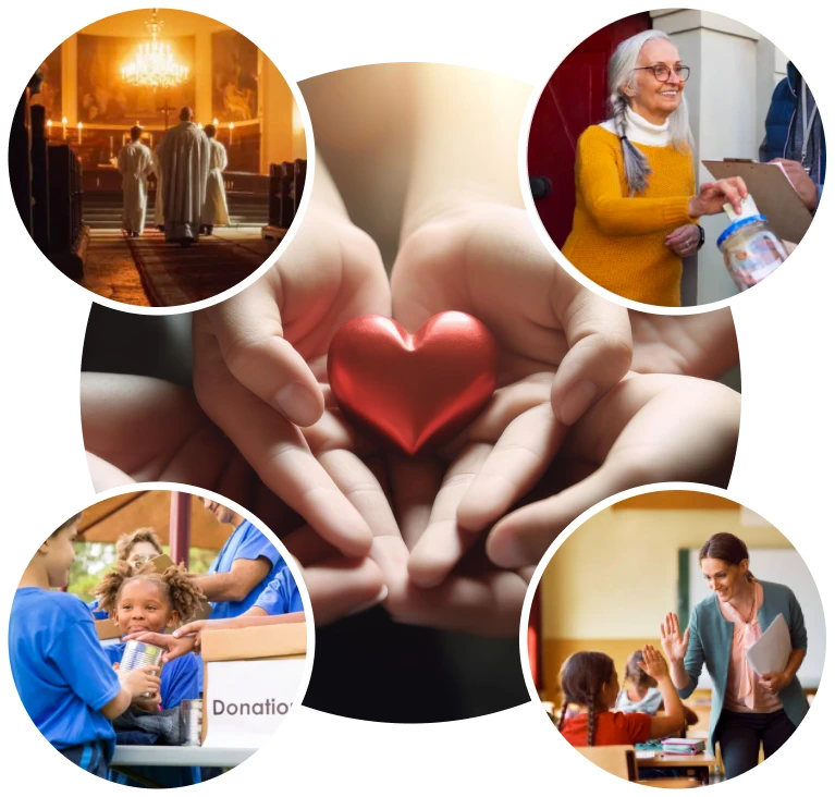 Heart held by multiple hands with visuals of donation and church in four corners