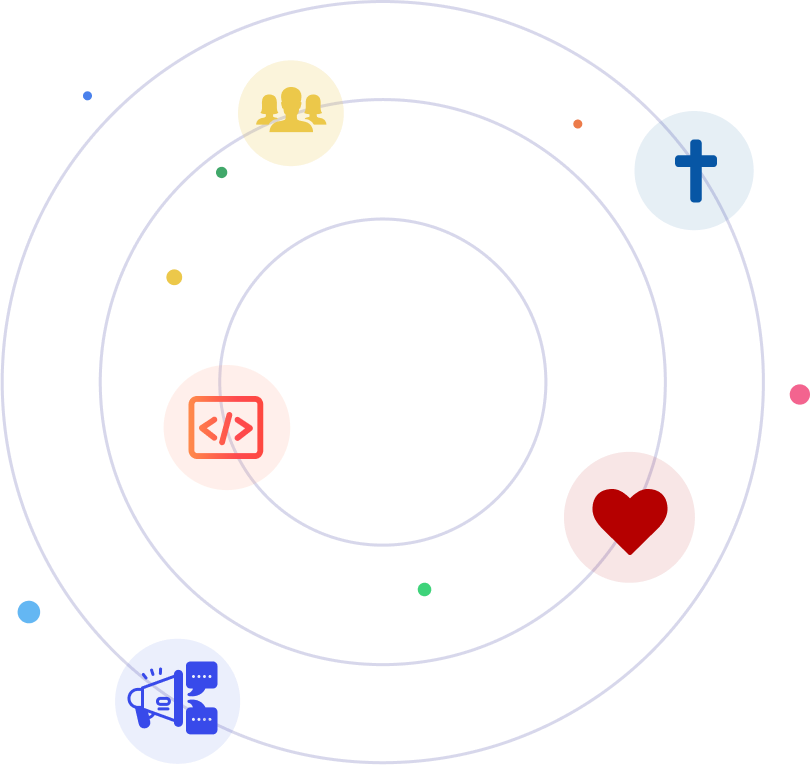 Graphic showing three large circles with five icons placed above them