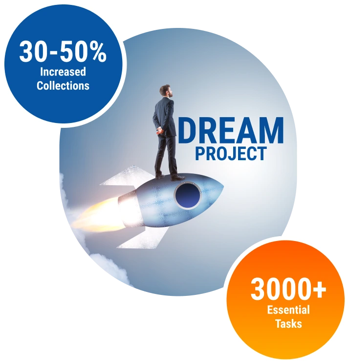 Illustration of a man standing on a rocket labeled 'Dream Project' with goal-oriented stats displayed in the background