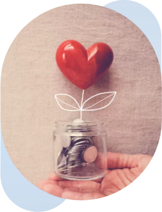 Hands holding a donation pot with cash, a heart, and plant leaves to represent charitable growth