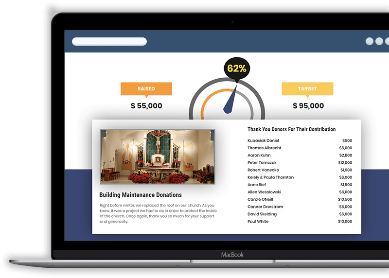 Close-up of a crowdfunding page with fundraising progress and donor list