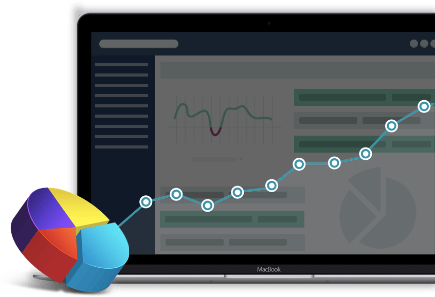 Laptop screen displaying a colorful pie chart and line graph