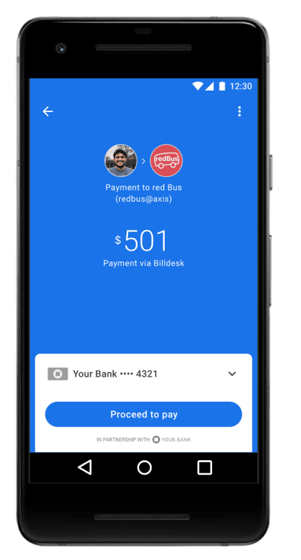 Smartphone showing a Google Pay transaction screen.