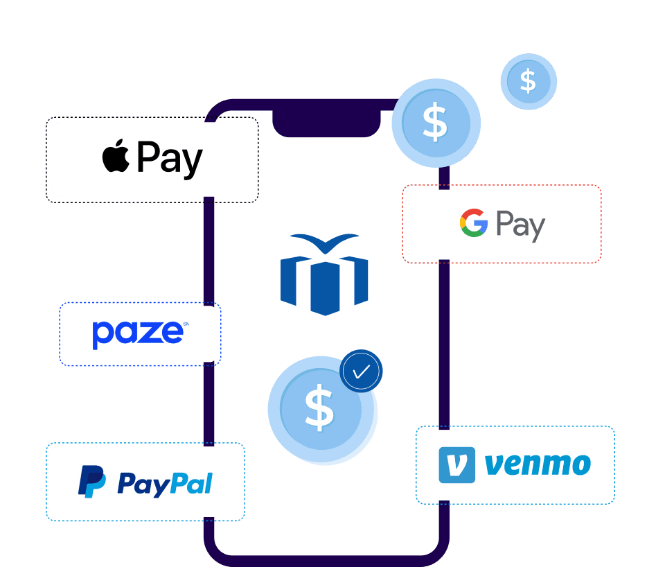 Digital payment options like Apple Pay, Google Pay, PaZe, PayPal, and Venmo on a smartphone for easy donations.