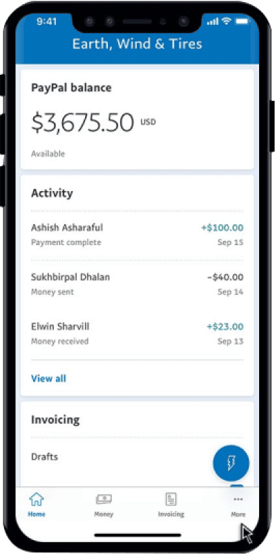 Smartphone displaying the PayPal app interface with account balance and recent activity.