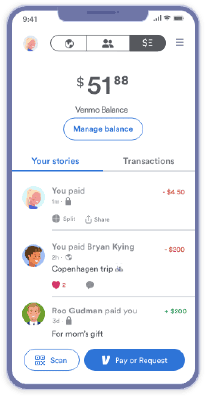 Smartphone displaying the Venmo app interface with account balance and transaction history.