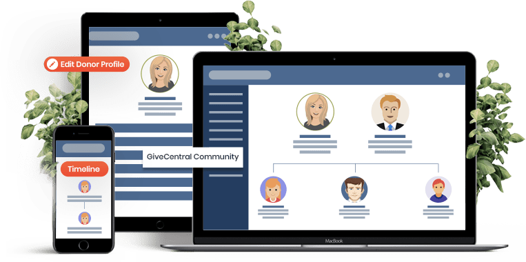 GiveCentral Community interface displayed on a laptop, tablet, and smartphone
