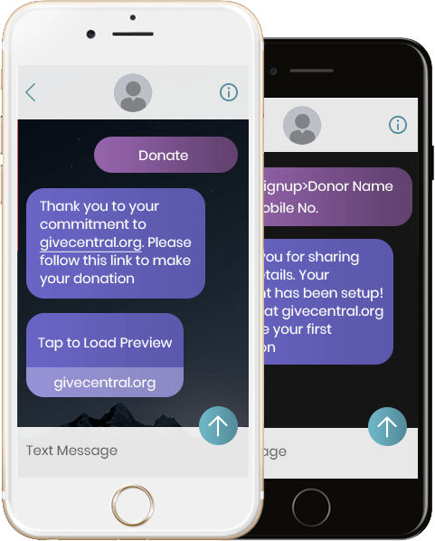 Two smartphones displaying text message interfaces for GiveCentral Texting Tools