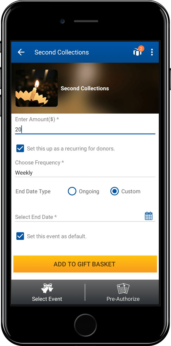 Smartphone displaying GiveCentral Go app for donation collection