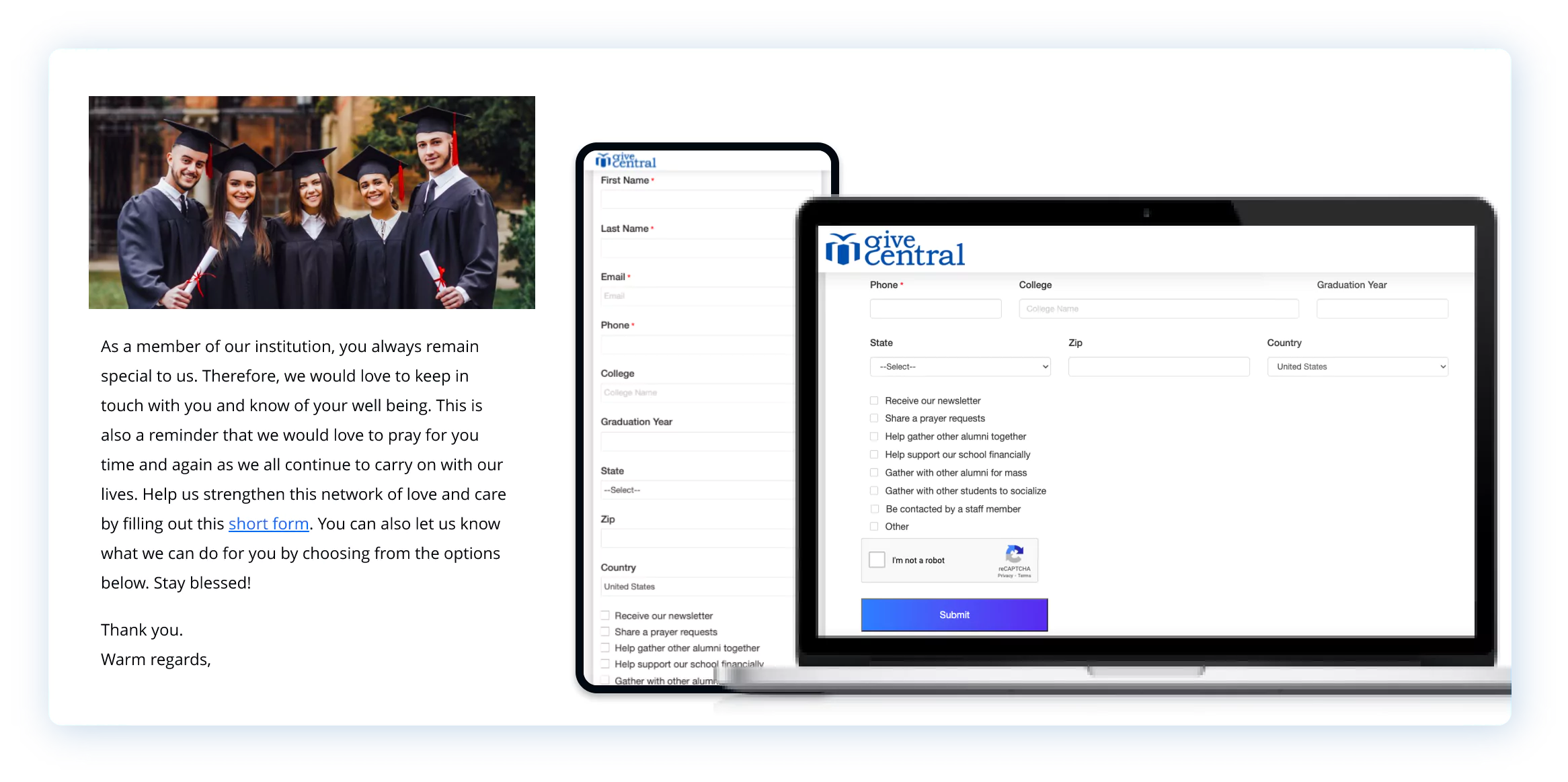 Laptop displaying an email and a form to update alumni information.