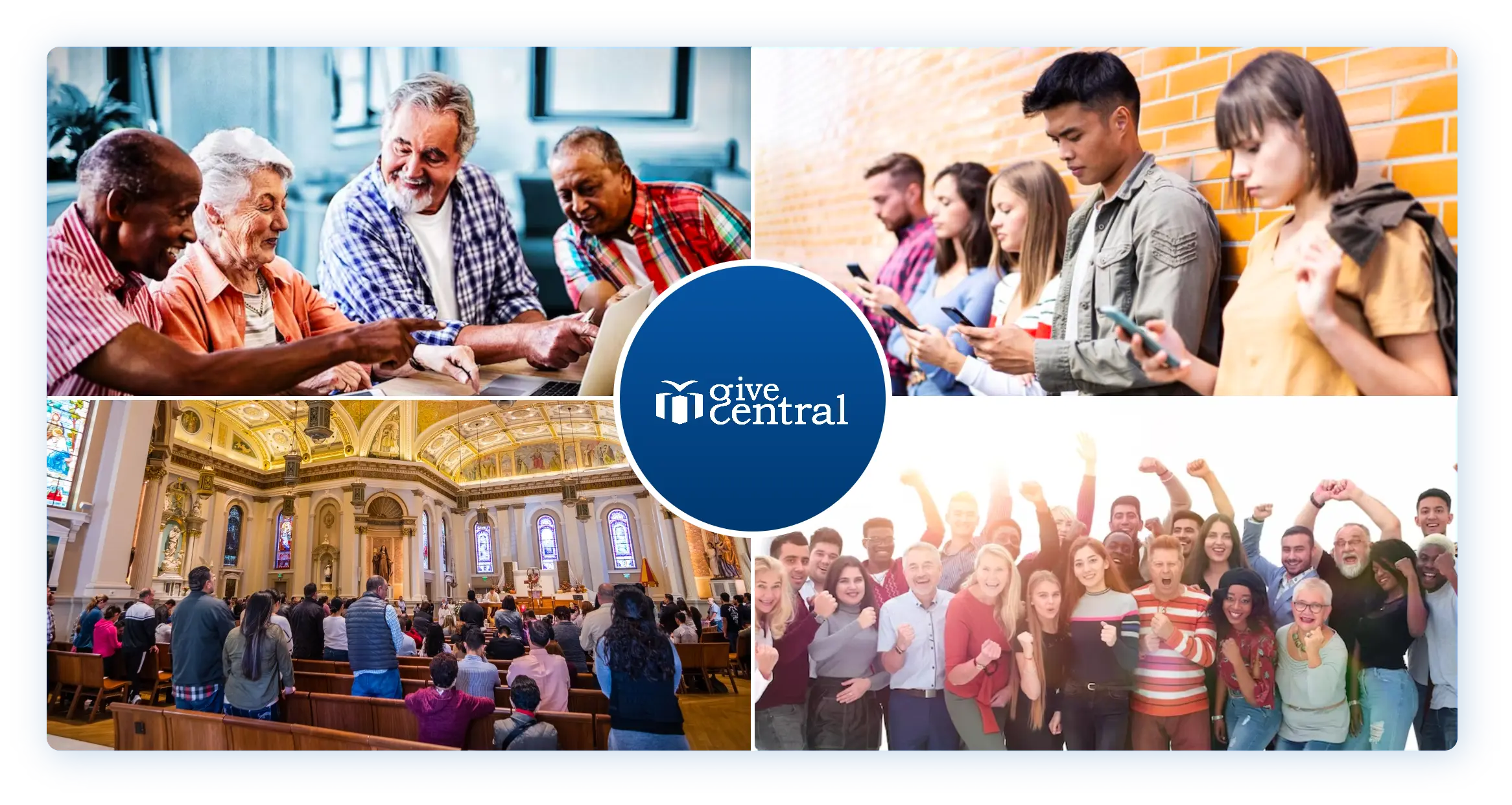 Collage showing diverse groups of people in community settings and a church interior, with the GiveCentral logo.