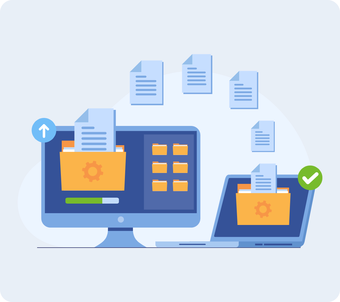 Illustration of computers transferring and converting files, symbolizing data migration.