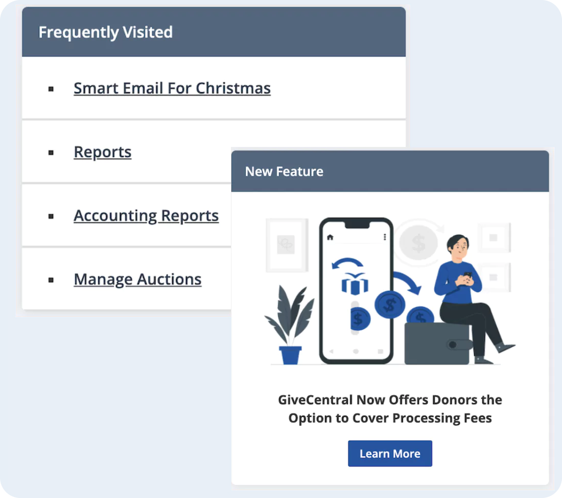 Screenshot of a 'Frequently Visited' menu showing options for reports, accounting, and managing auctions.