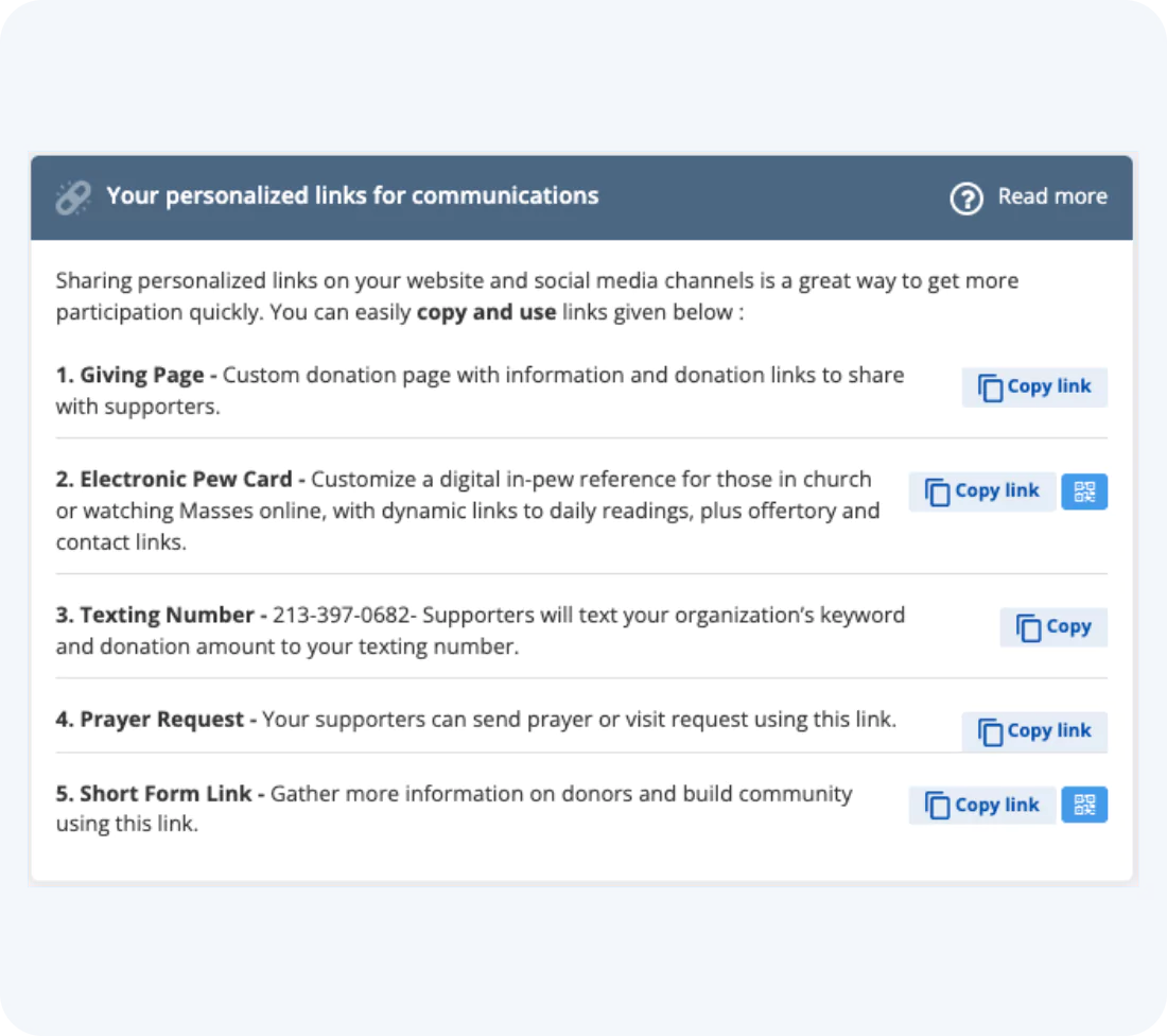 Screenshot of a dashboard showing various personalized communication links for a fundraising platform.