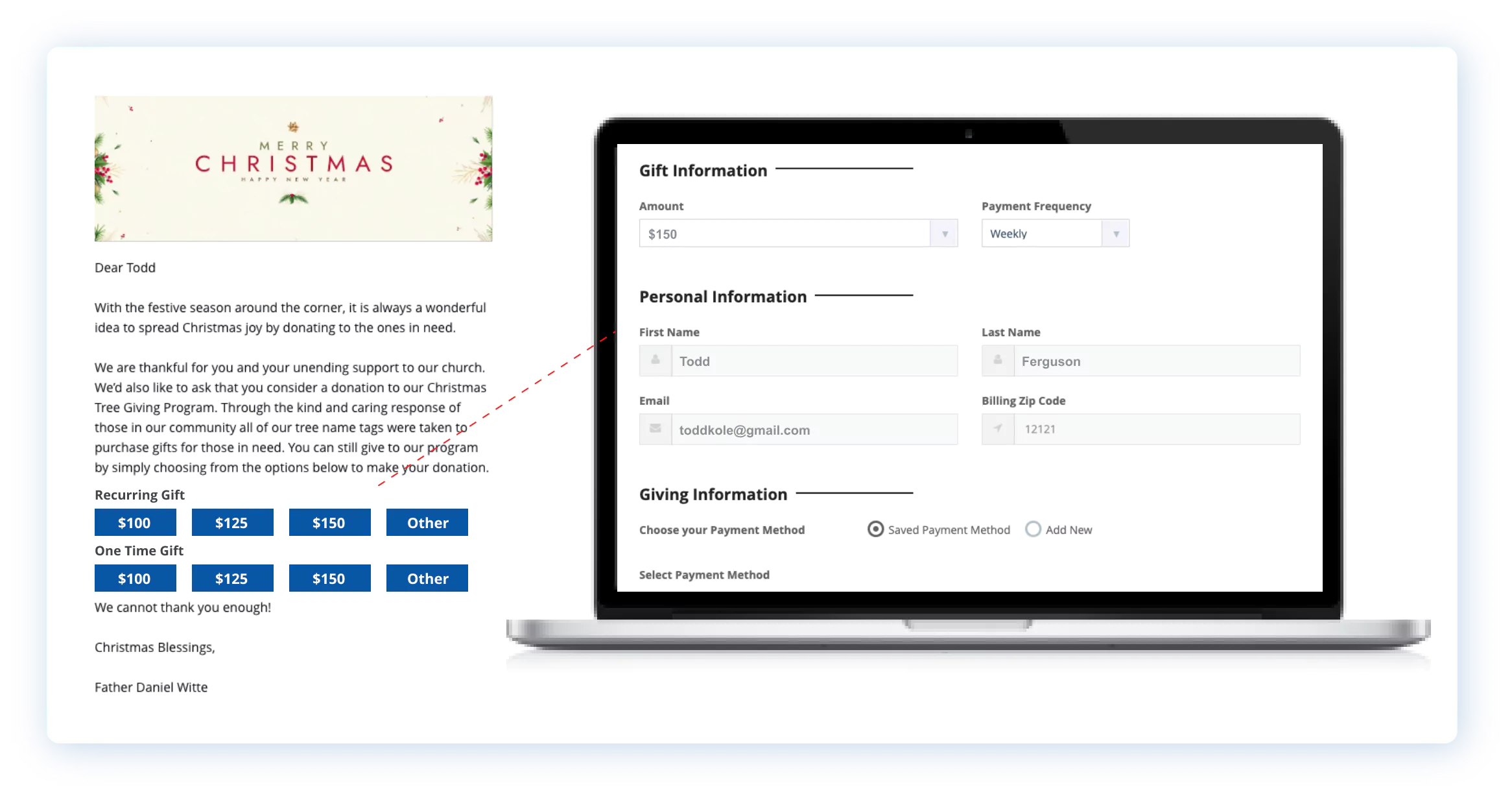 Laptop displaying a holiday email for donations and a gift information form.