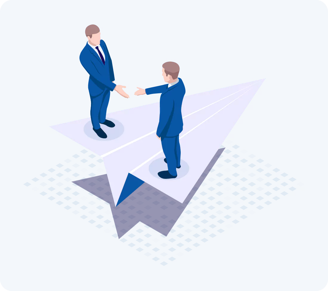 Illustration of two business people standing on a paper airplane, symbolizing progress or guidance.