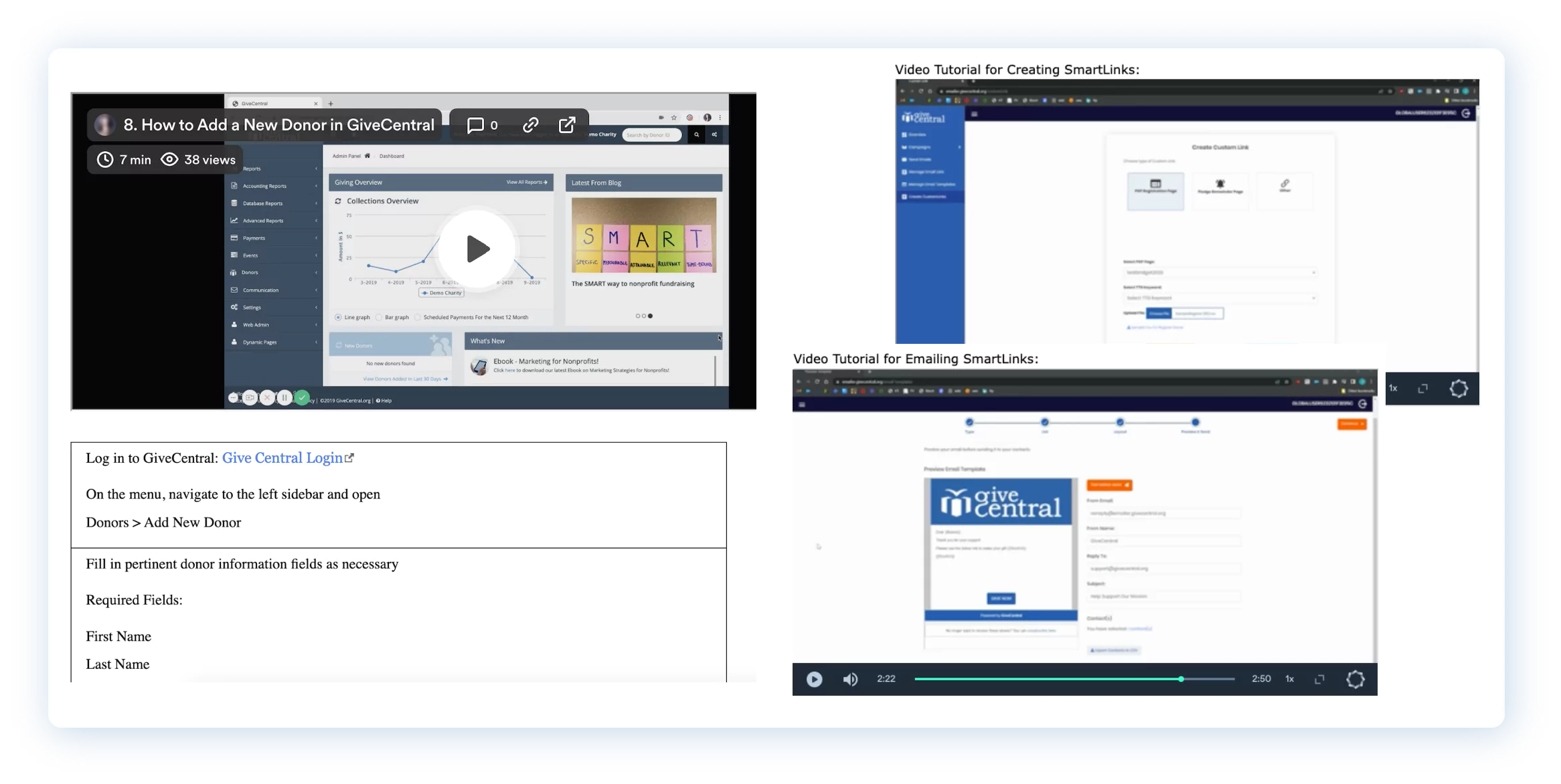 Collage of screenshots showing video tutorials and step-by-step instructions for a digital platform.