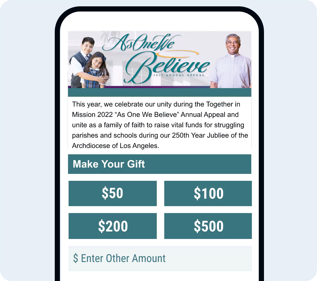 Smartphone displaying a personalized gift page with options for donation amounts.