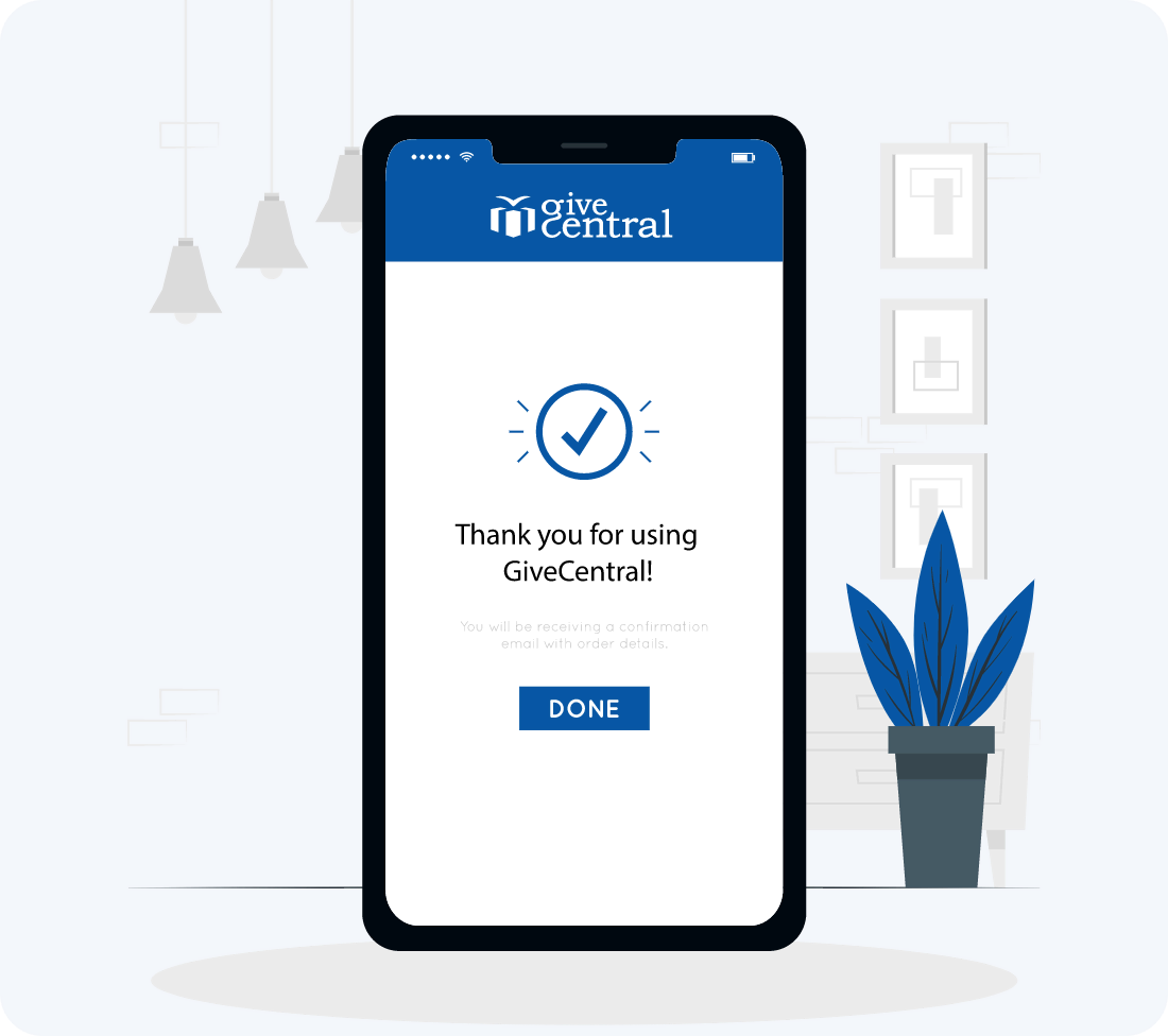 Smartphone screen showing a 'Thank you' message and a checkmark, confirming a successful transaction.