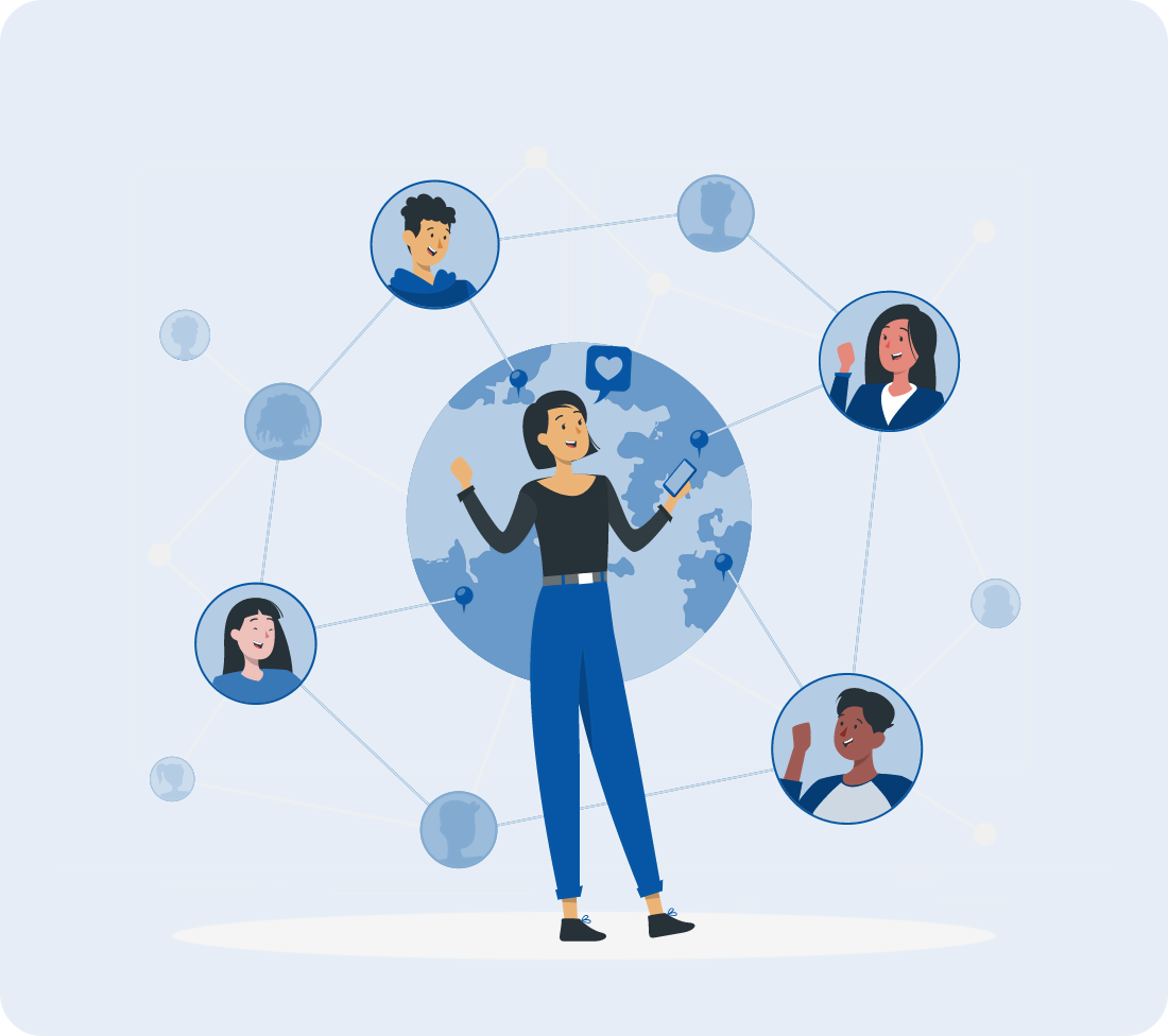 Illustration of a woman interacting with a global network of people, symbolizing smart communication and engagement.