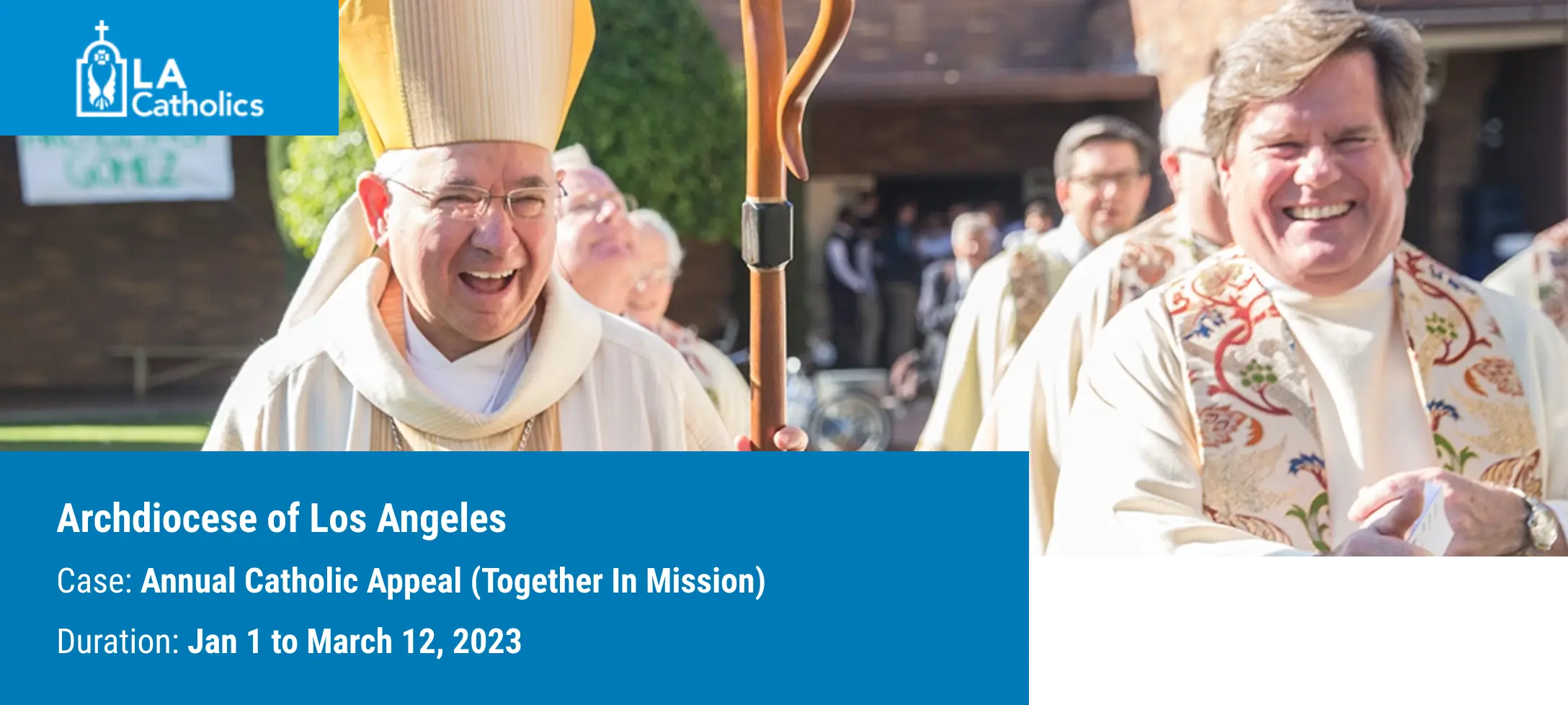 Two smiling Catholic clergymen in religious attire, featured in a case study for the Archdiocese of Los Angeles.