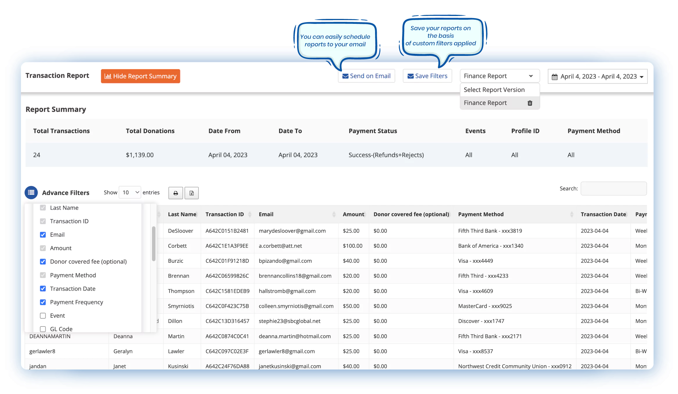Screenshot of a form for scheduling transaction reports to be sent via email.