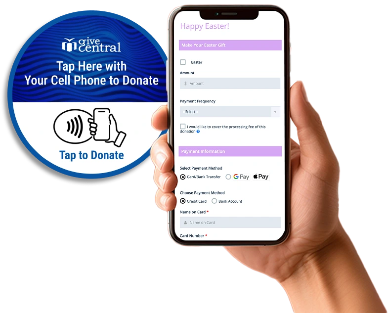 Hand holding a smartphone next to a GiveCentral SmartSticker, demonstrating NFC tap-to-donate functionality.
