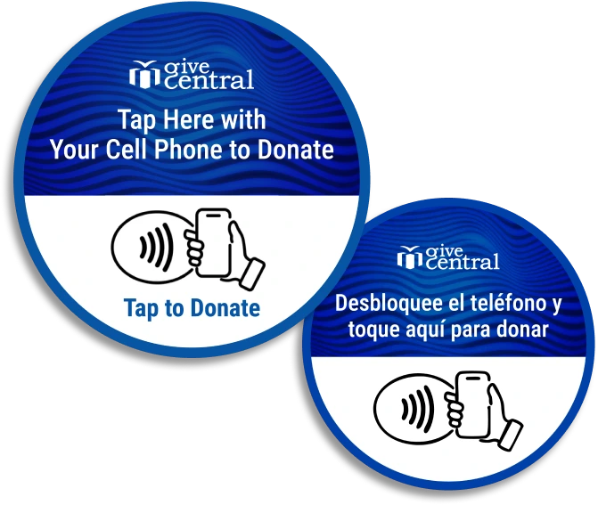 Two GiveCentral SmartStickers, one in English and one in Spanish, for tap-to-donate.