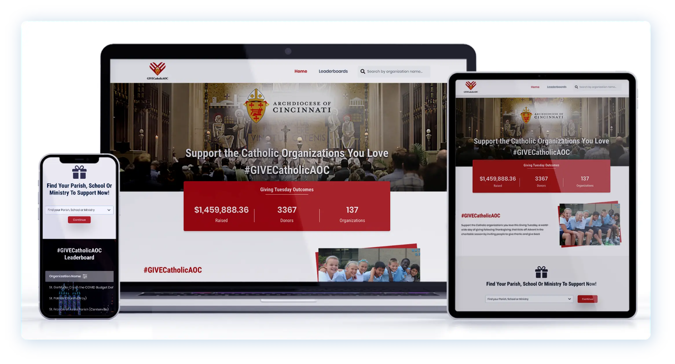 Screenshots of a Giving Tuesday campaign page displayed across a laptop, tablet, and smartphone.