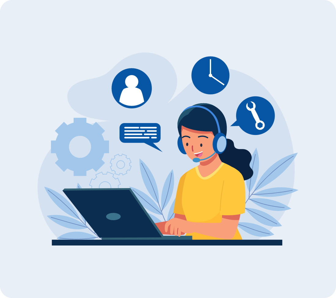 Illustration of a person providing online support or customer service at a laptop.