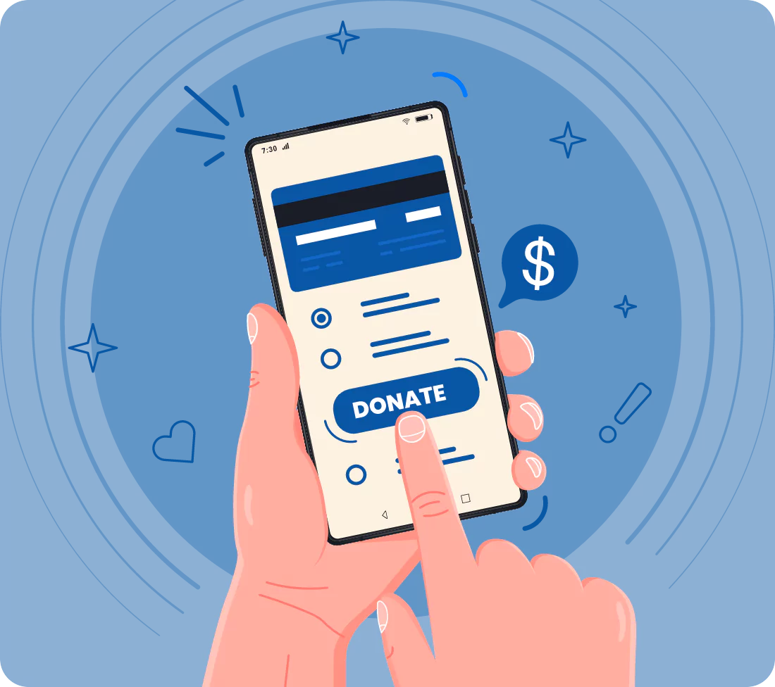 Hand holding a smartphone displaying a donation page with a 'Donate' button.