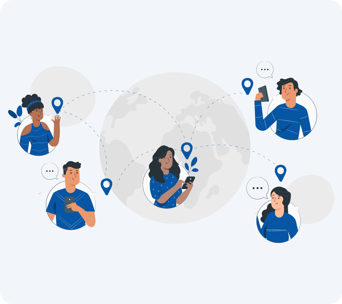 Illustration of interconnected people on a global map using smartphones, symbolizing widespread communication.