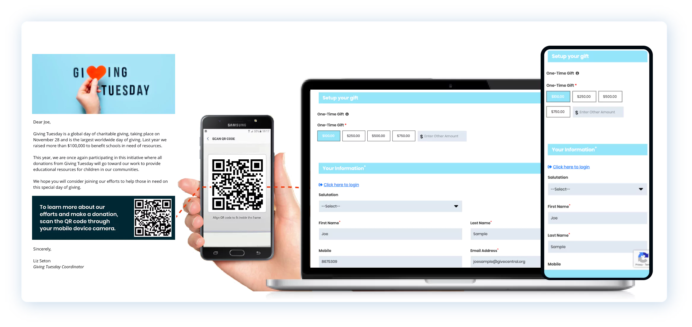 Laptop displaying a Giving Tuesday email with a QR code and a one-time gift donation form.