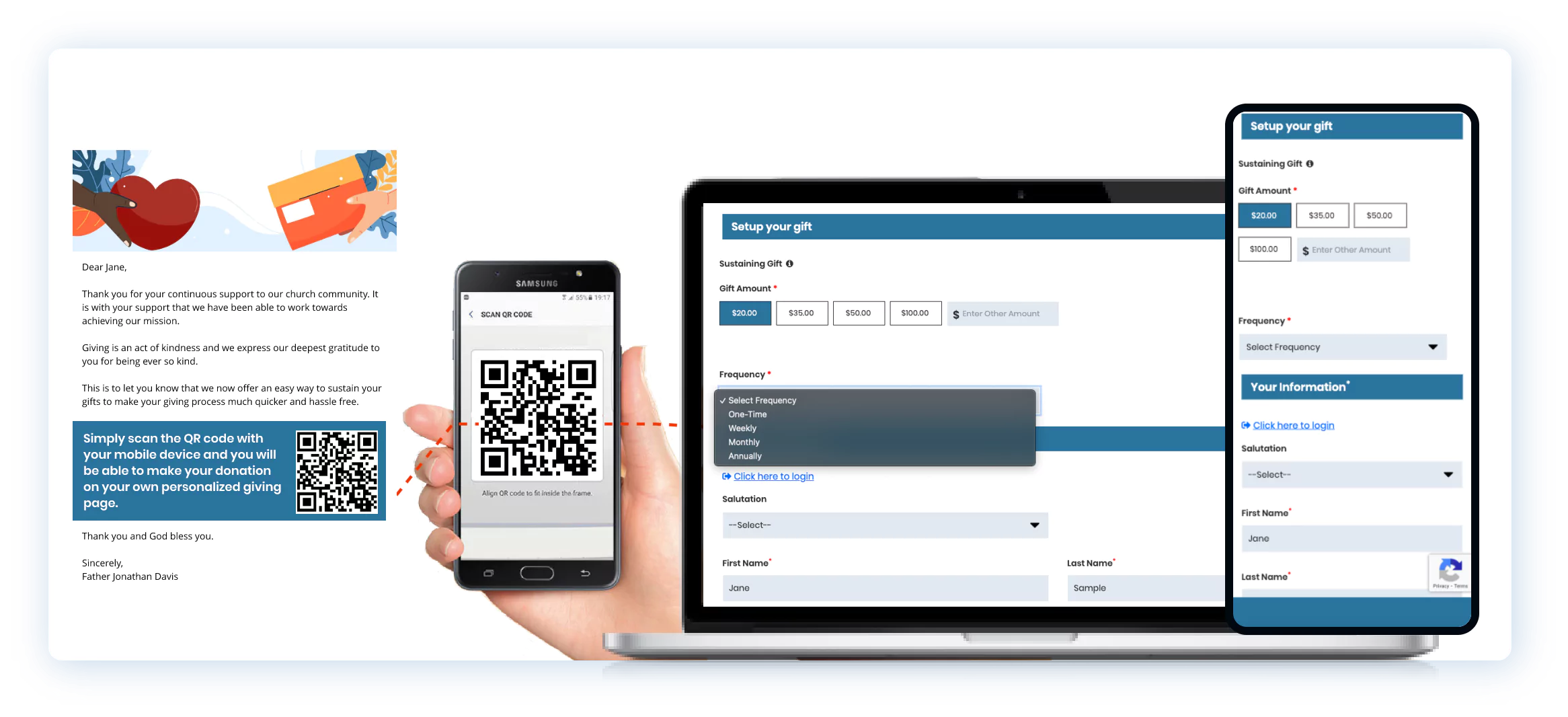 Laptop displaying an email with a QR code and a form to set up a sustaining gift.