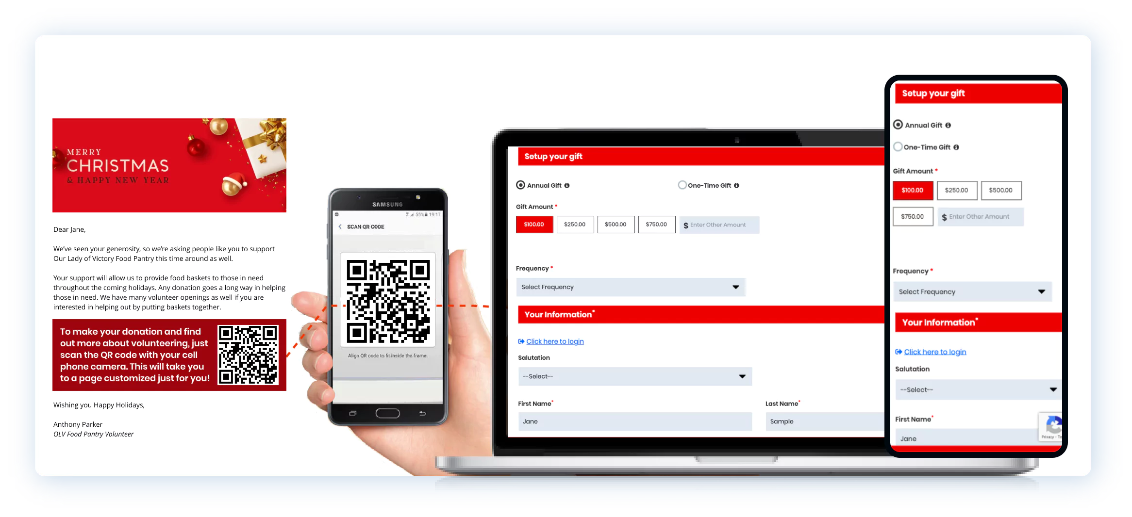 Laptop displaying a Christmas email with a QR code and a gift setup form.