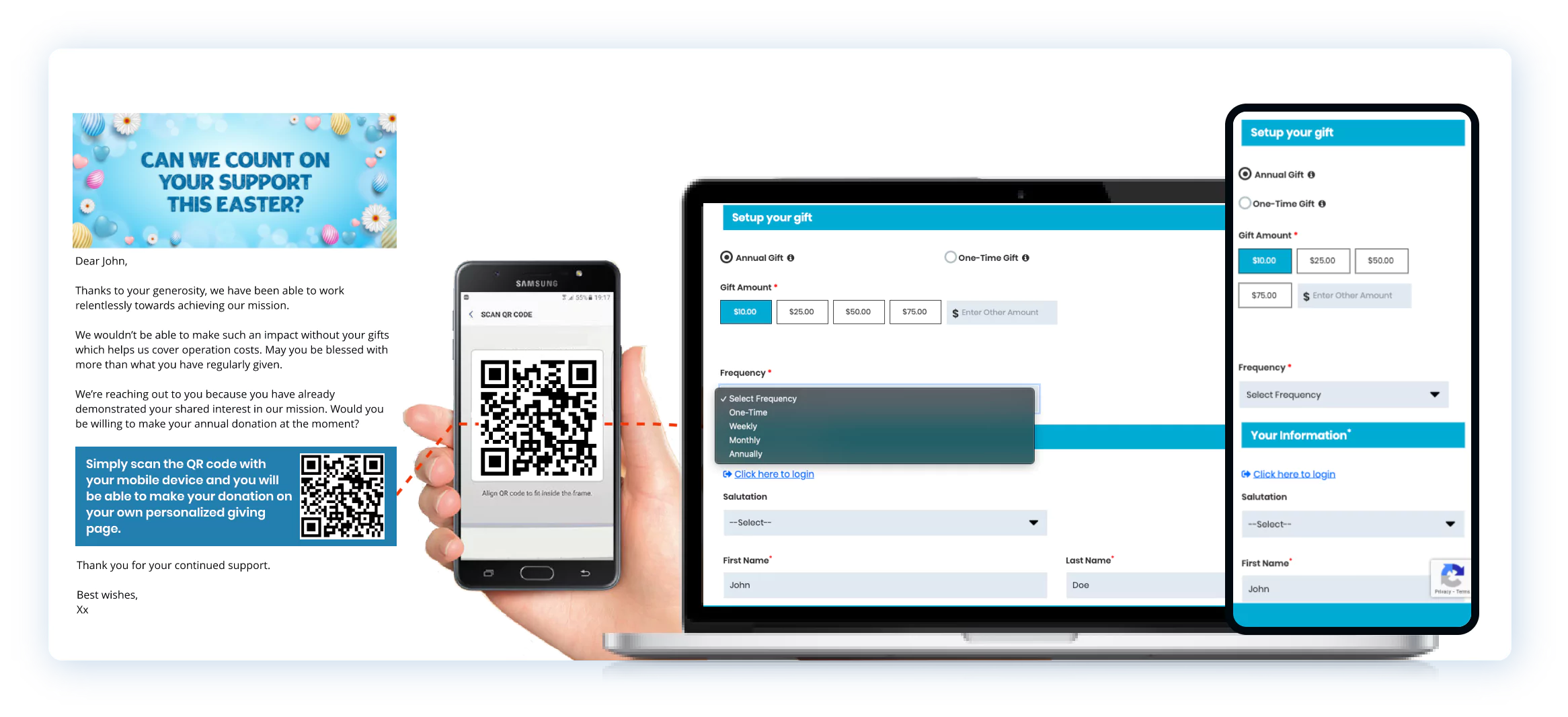 Laptop displaying an Easter email with a QR code and a donation form for one-time and annual gifts.