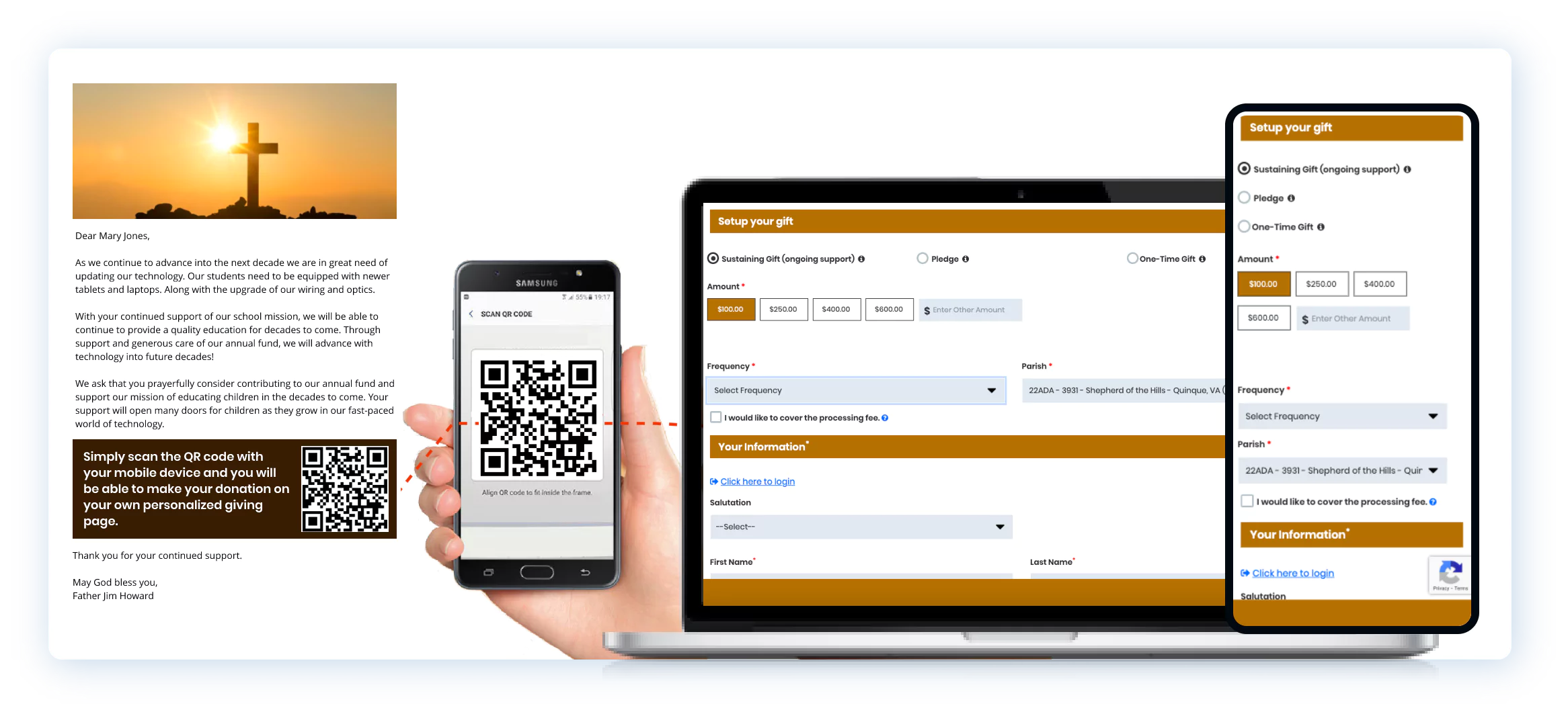 Laptop displaying an email with a QR code and a donation form for an annual appeal.