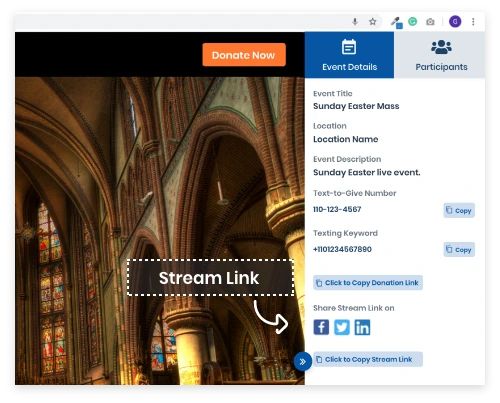 Livestream event setup dashboard showing church interior view and streaming details